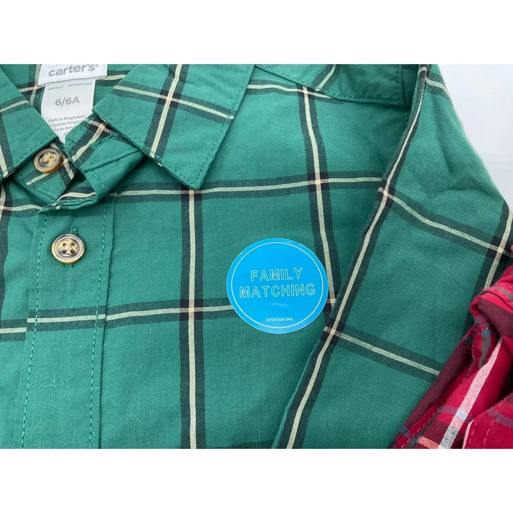 Carters Button Down Shirt Boys 6 Green Red Plaid 2 Pack Holiday School Classic